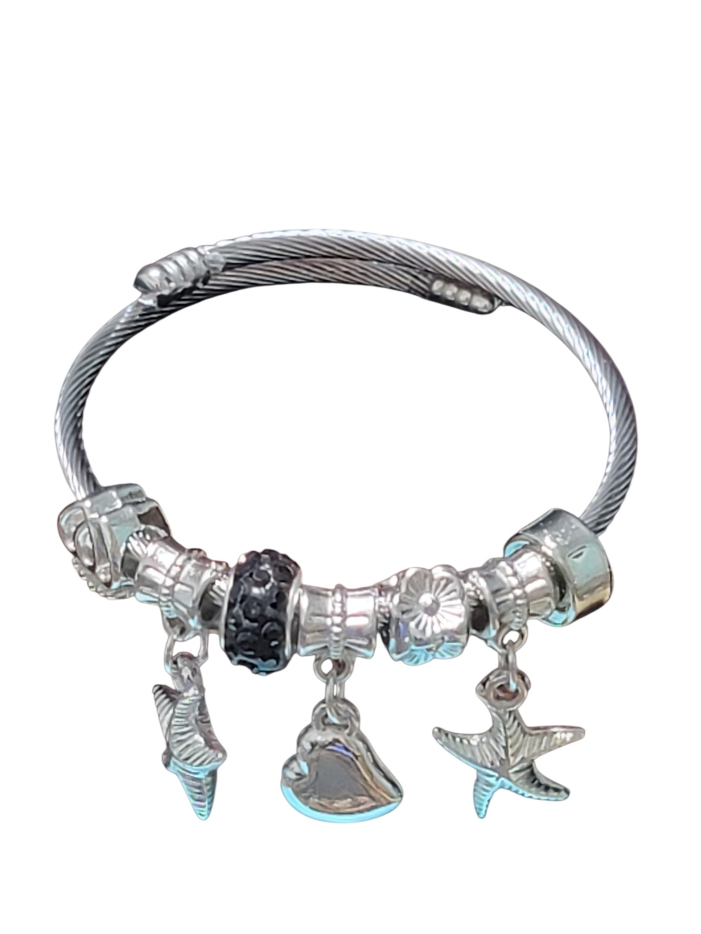 Silver-Tone Beach Charm Bangle Bracelet with Heart & Starfish Charms